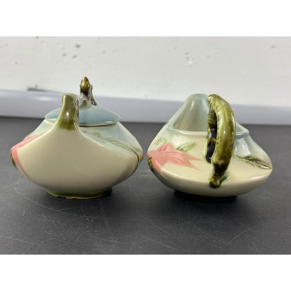 Hull Pottery Wildflower Sugar Bowl and Creamer Set W27 W28 Pink Green Vintage - Picture 2 of 14